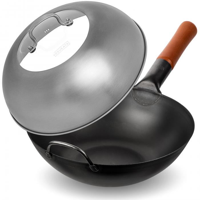 Yosukata 30cm Wok aus Schwarzem Kohlenstoffstahl (Flacher Boden, Vorbereitete) + Edelstahl Wok-Deckel 29cm (für Wok 30cm)