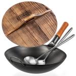 Small Yosukata 36cm Wok aus Schwarzem Kohlenstoffstahl (Runder Boden, Vorbereitete) + Wok-Deckel aus Holz 36cm + Wok-Utensilien-Set: Wokspatel und Schöpflöffel aus Edelstahl mit 43 cm Länge