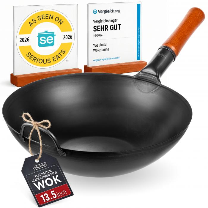 Yosukata 34cm Wok aus Schwarzem Kohlenstoffstahl (Flacher Boden, Vorbereitete)