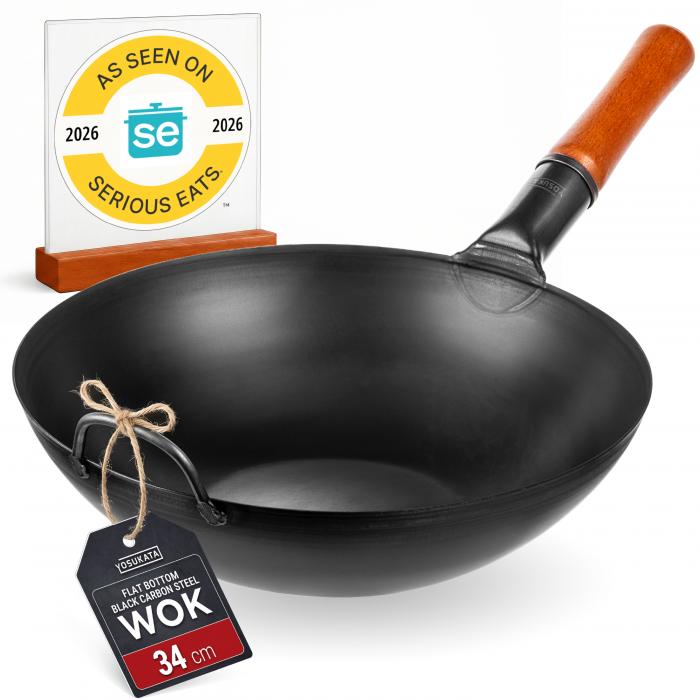 34cm Wok aus Schwarzem Kohlenstoffstahl (Flacher Boden, Vorbereitete)
